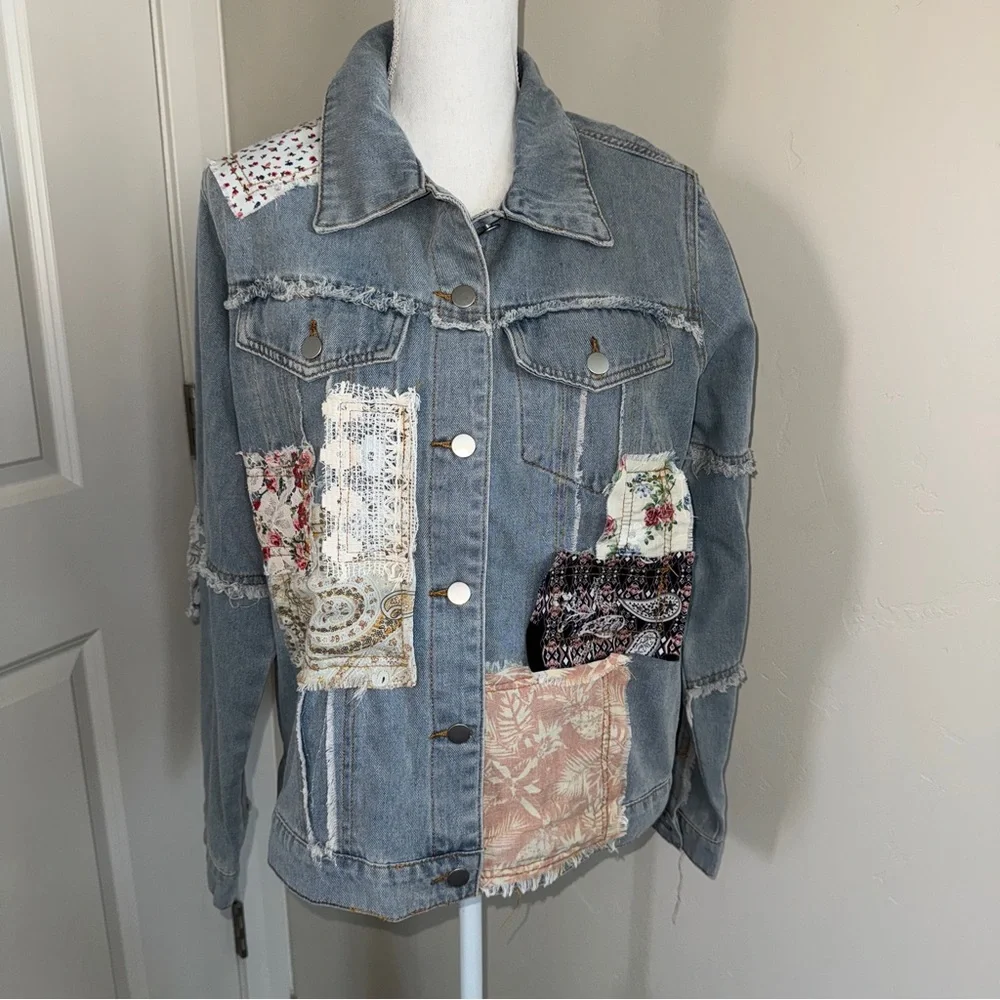 Patchwork Denim and Lace Jacket Distressed Boho Denim Shacket Mixed Floral Lace - Picture 5 of 17